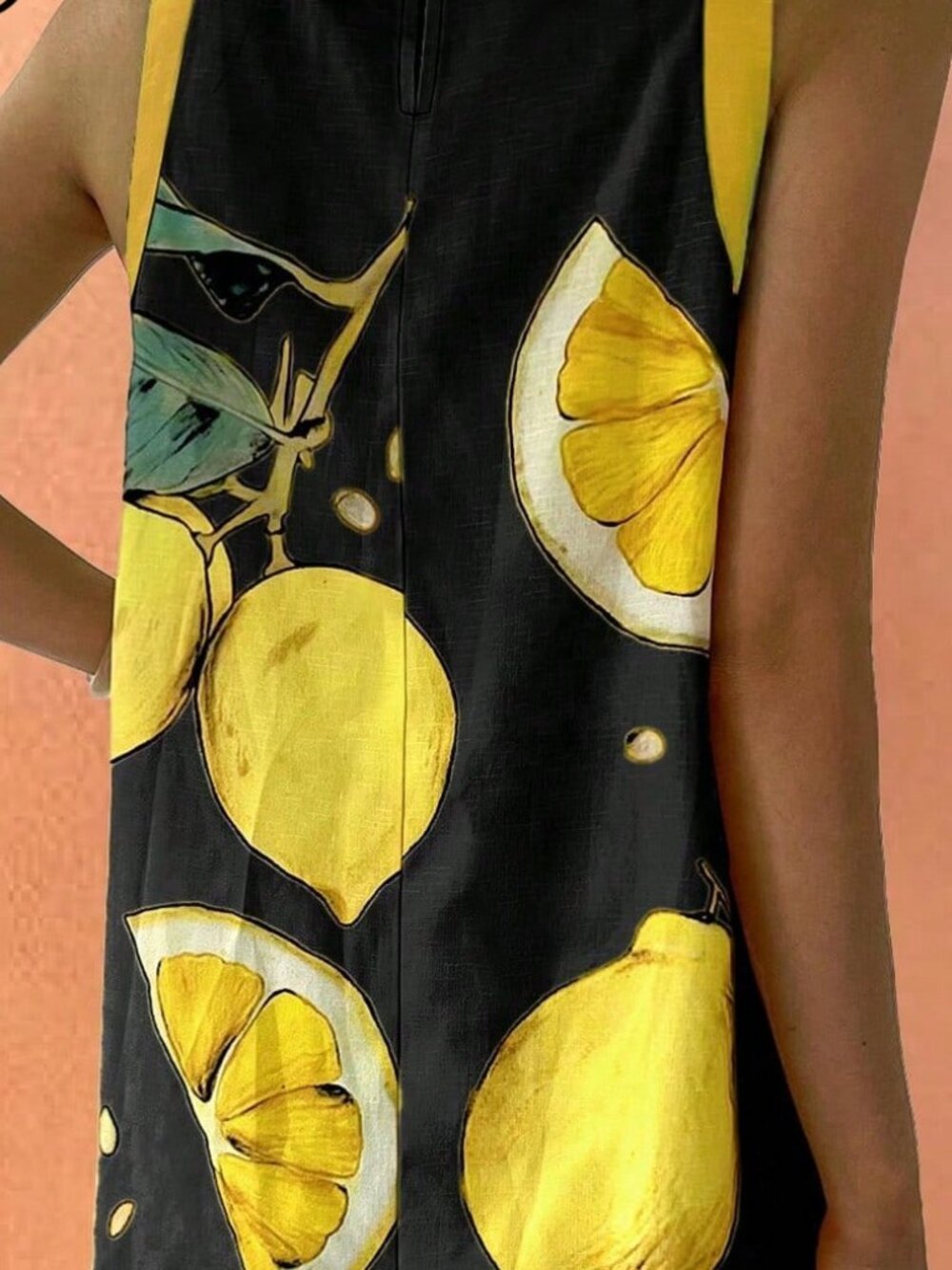Black Vintage Women's Elegant Sleeveless Dress Beach Colorblock Lemon Leaf Print - Picture 5 of 5